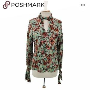 Zara Floral Neck Tie Top Blouse Multicolor Long Sleeve